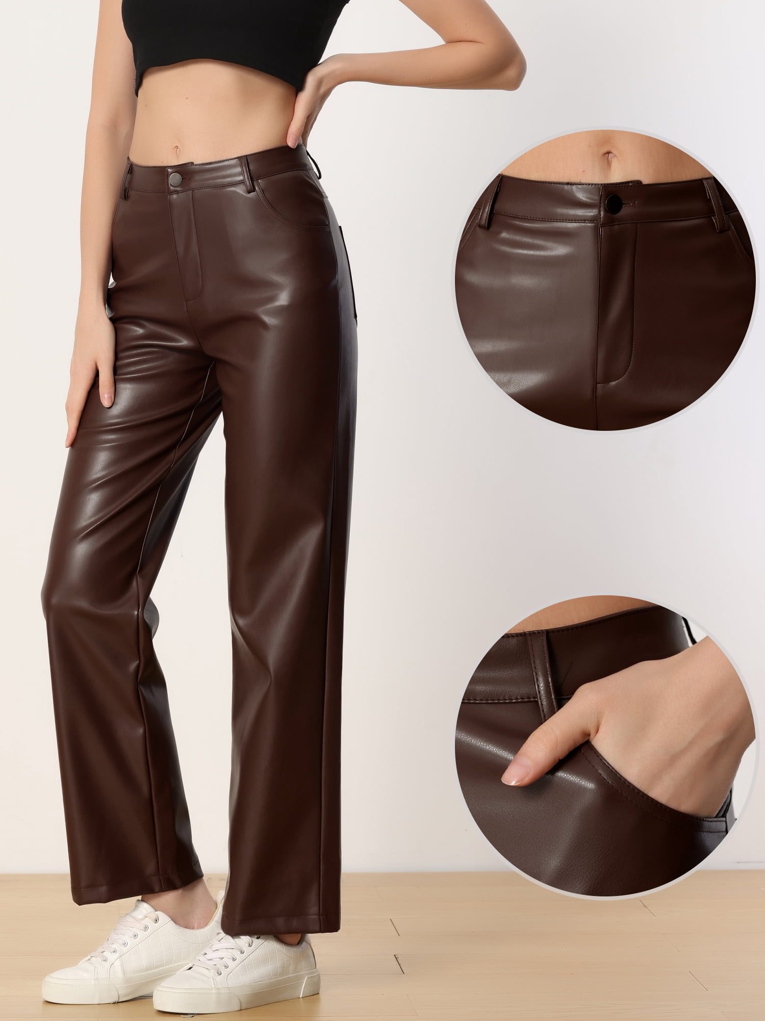 DARING DIVA Women's Faux Leather High Waist Straight Leg PU Punk Trousers L Brown