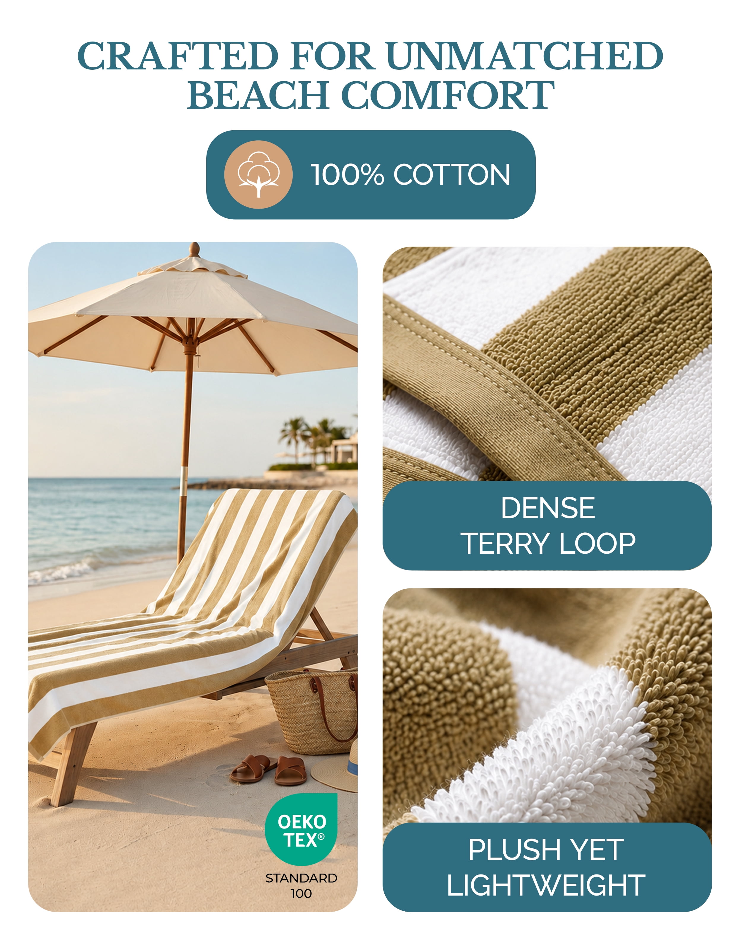 Casa Platino Turkish Beach Towel Set of 4 - 100% Cotton Cabana Striped Beach Towels For Adults (30" x 60”), Lightweight Quick Dry for Swimming, Travel and Outdoor Use - Biege