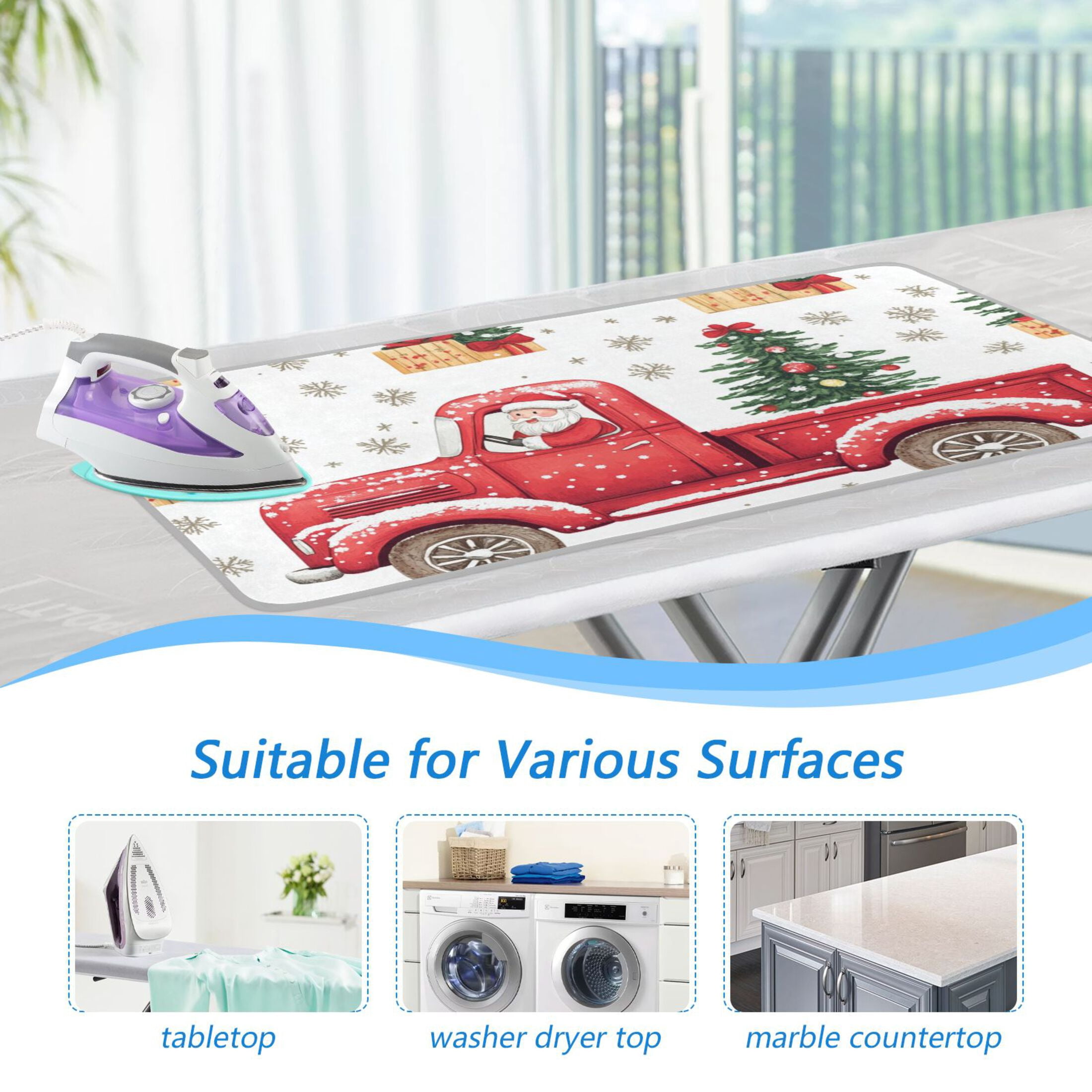 Santa Driving Car with Christmas Trees Snow Ironing Mat Blanket Portable Travel Ironing Pad Heat Resistant Pad 47.2" x 27.6”