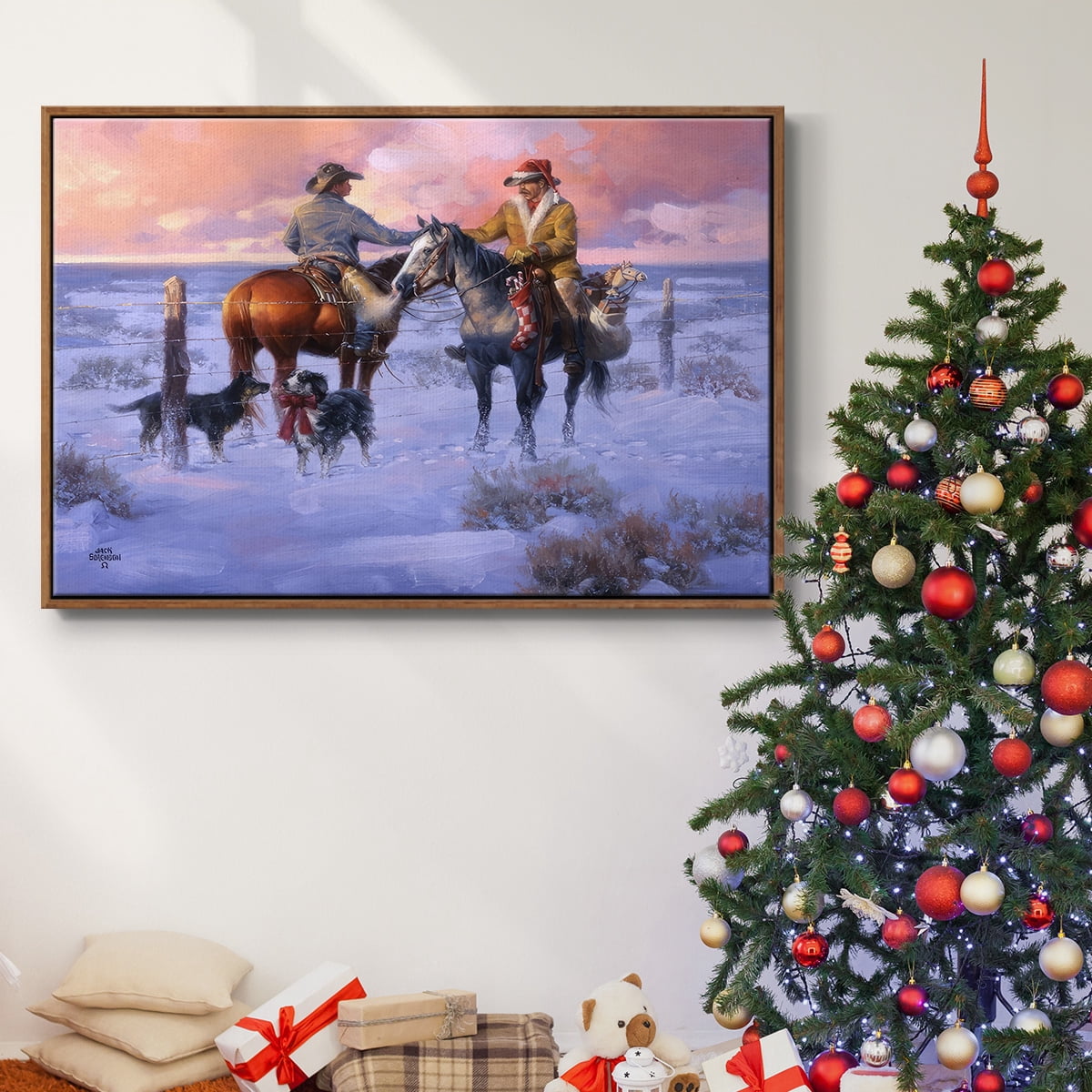 Sharin' Christmas with the Neighbors - Framed Gallery Wrapped Holiday Canvas - 17 x 25 - Rosewood Frame