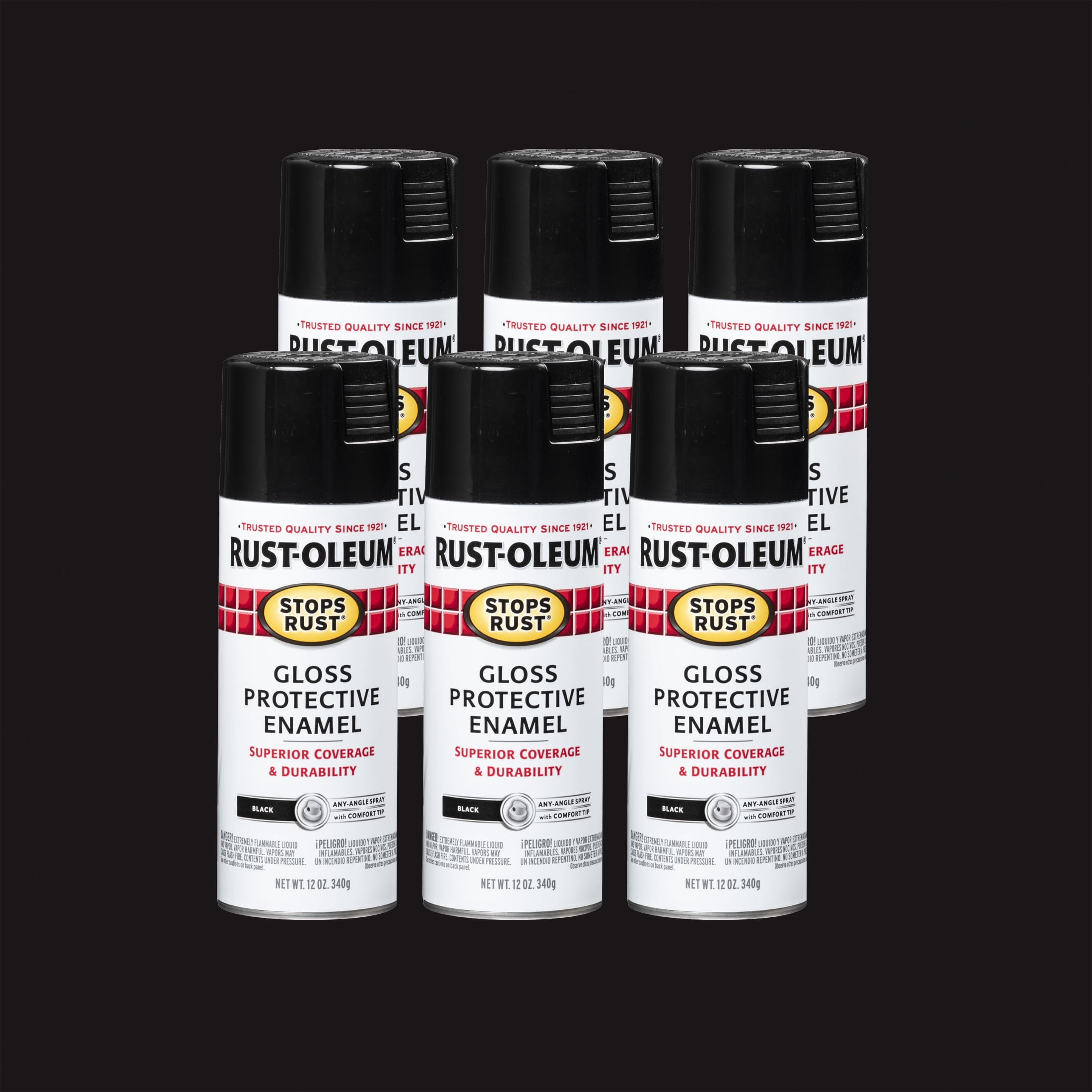 (2 pack) Black, Rust-Oleum Stops Rust Gloss Protective Enamel Spray Paint, 12 oz, 6 Pack