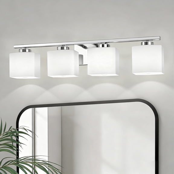 YANSUN 30.7 in 4-Light Bathroom Vanity Light, Chrome Modern Vanity Fixture with White Frosted Glass Shades, E26 Socket (Bulbs Not Included)