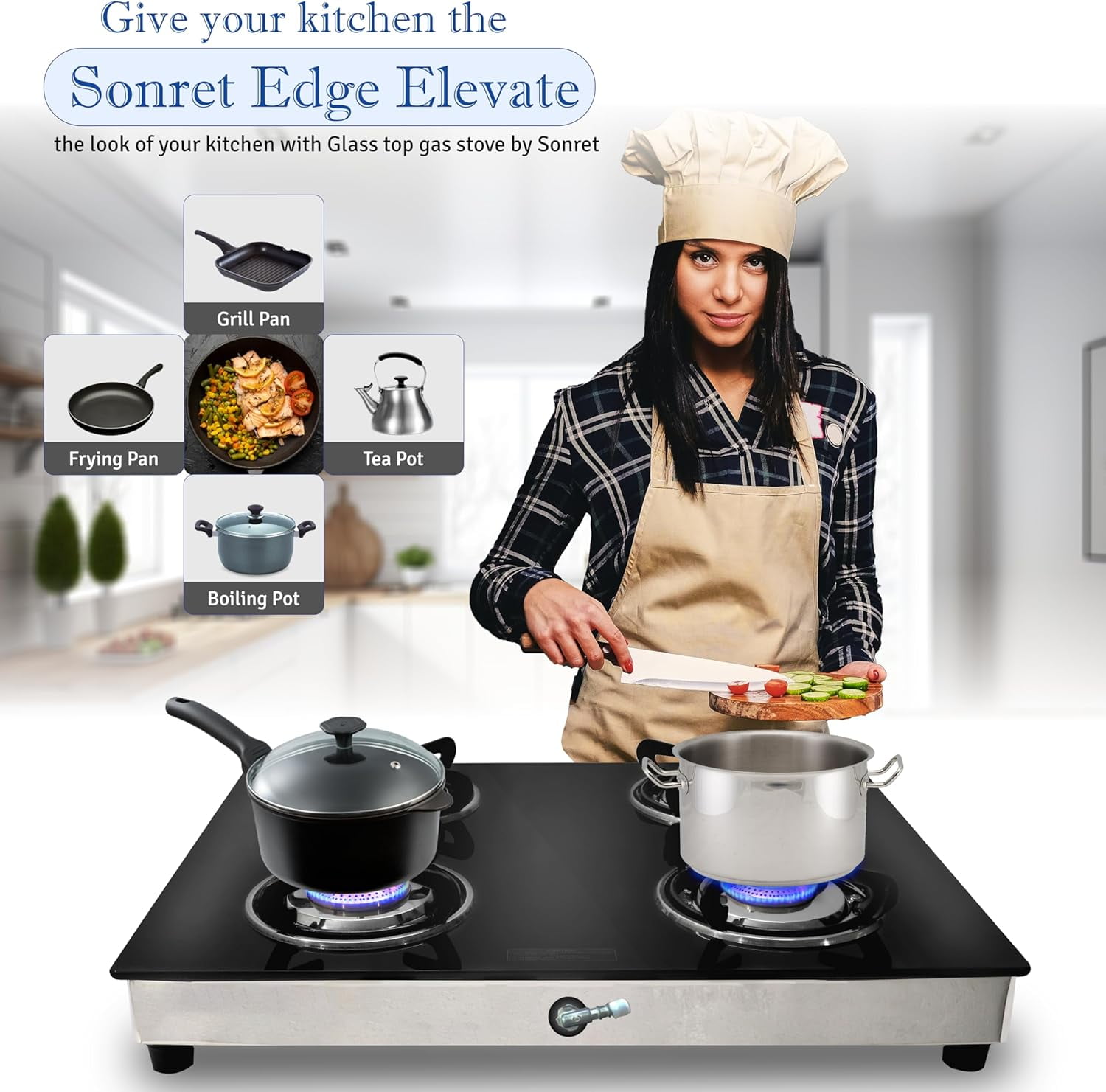 SONRET - 4 Burner Gas Stove , Portable Propane Gas Stove - Propane Cooktop Tempered Glass RV Stove For Cooking -With Hose & Regulator