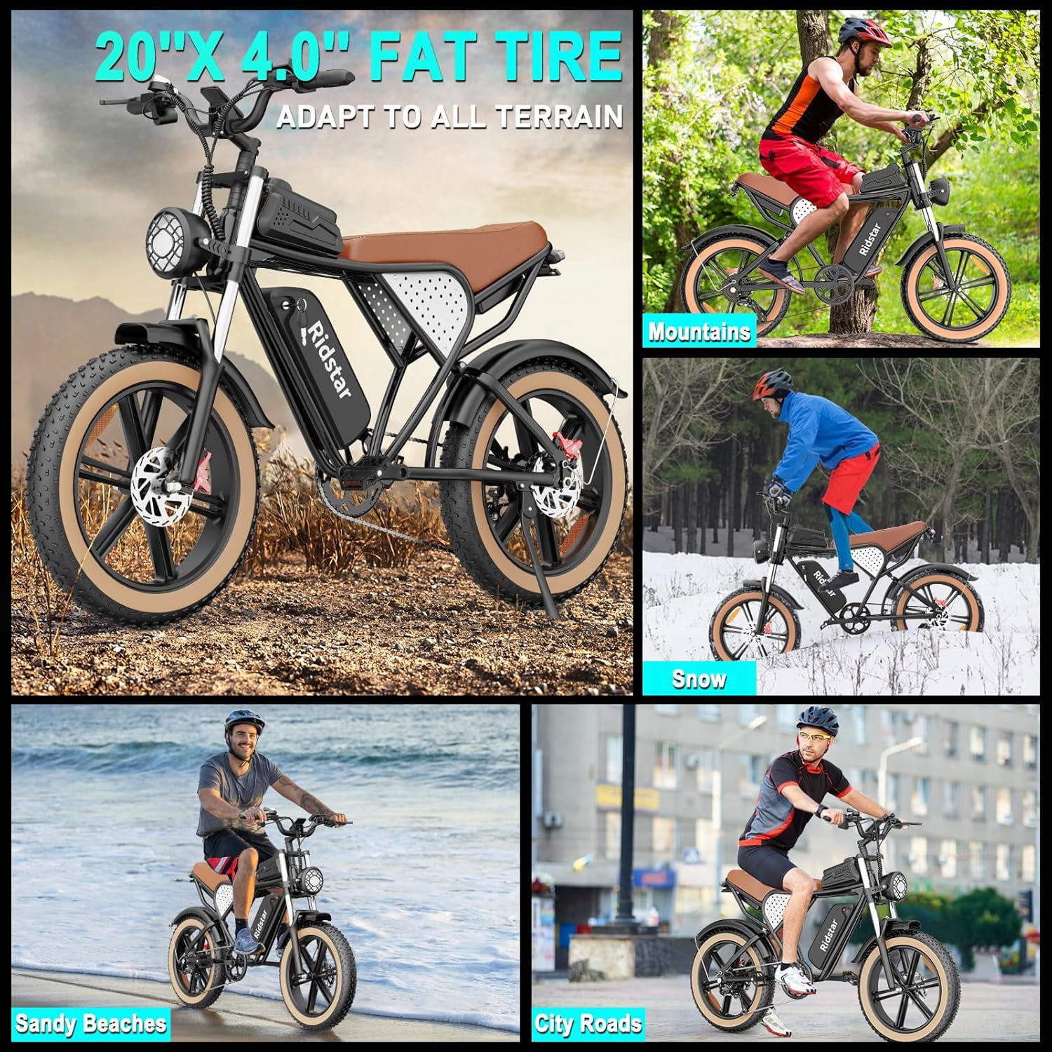 Ridstar Electric Bicycle for Adults, 1500W 33MPH Mountain Bike, 48V 20AH Removable Battery, 20" Fat Tire Electric Bike, 7-Speed E-Bike for Snow, Beach Off Road UL2849