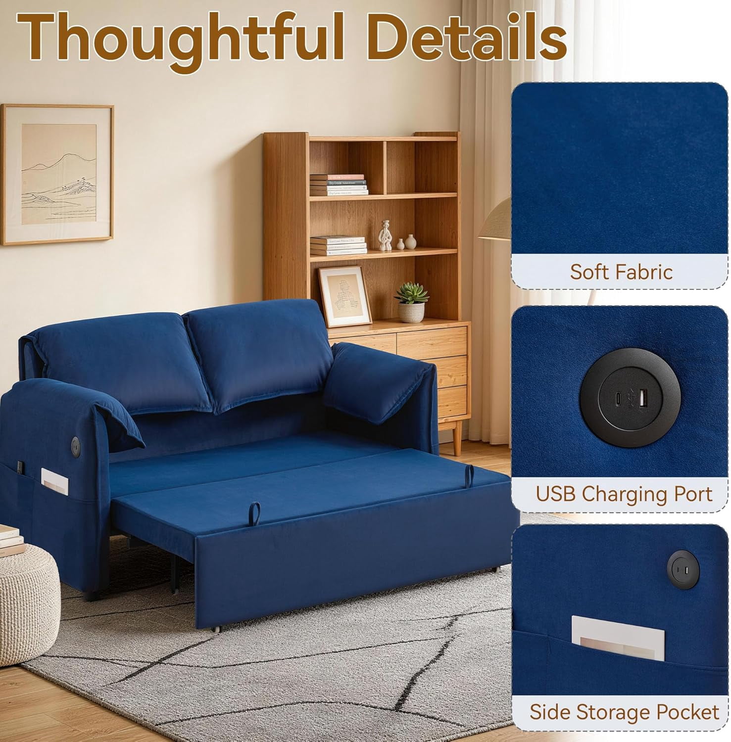 63" Velvet Pull Out Couch, 3-in-1 Convertible Sleeper Sofa Bed with Adjustable Backrest, USB Charging Ports, Side Pockets, Modern Loveseat for Living Room, Bedroom, Apartment, Blue