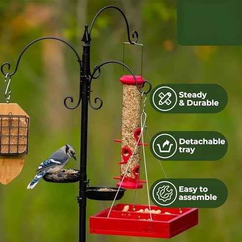Bird Feeding Station Kit - 85 Inch Bird Feeder Pole with 5-Prong Base, Bird Feeder Stand for Outdoors Hanging Bird Feeders, Upgraded in Stability, Black