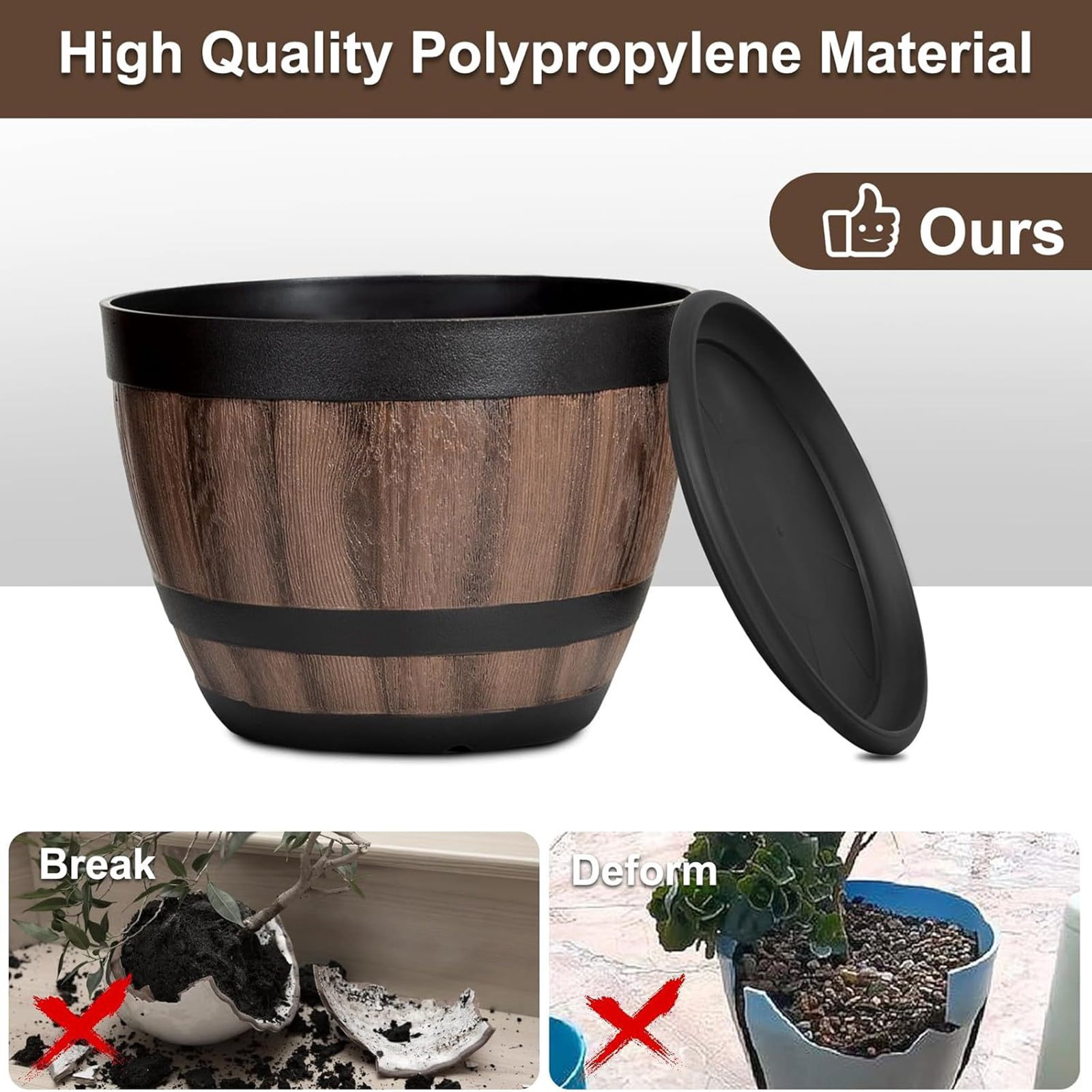 Outdoor Garden Flower Pots, Planters, Balcony Patio Yard, Wood Barrel Style, Lightweight Durable