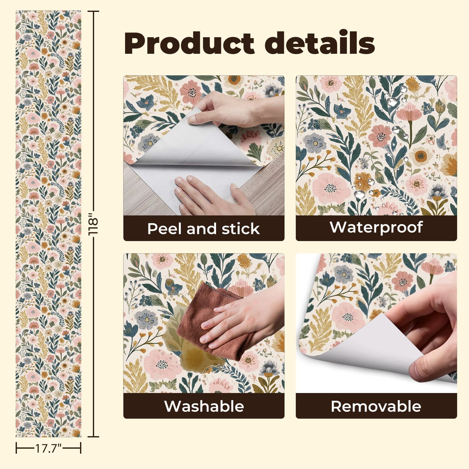 Peel and Stick Wallpaper Botanical Floral Soft Pink Yellow Green Flowers Wall Mural 17.7in x 9.8ft Self Adhesive Removable Wall Paper Renter Friendly Wallpaper for Nursery Bedroom Cabinets