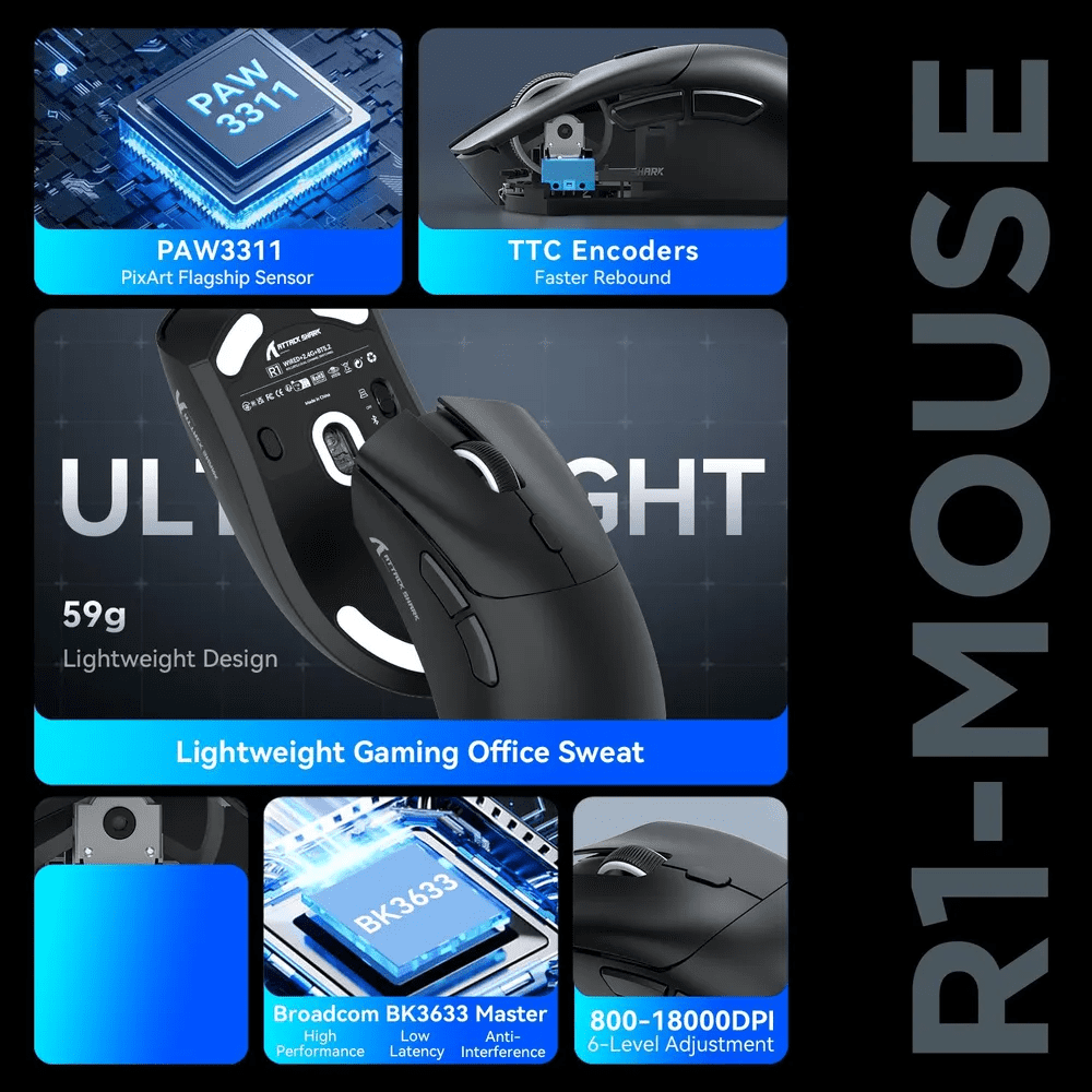 ATTACK SHARK R1 SUPERLIGHT Mouse with Tape, PixArt PAW3311 Gaming Sensor, BT/2.4G Wireless/Wired Gaming Mouse, 6 Adjustable DPI up to 18000, 65 Hrs Battery, Office Mice for Win11/Xbox/PS/Mac