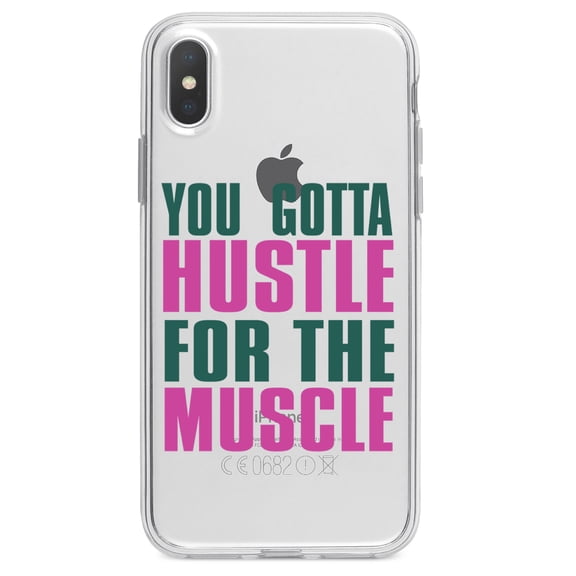 DistinctInk Clear Shockproof Hybrid Case for iPhone XR (6.1" Screen) - TPU Bumper Acrylic Back Tempered Glass Screen Protector - You Gotta Hustle for the Muscle