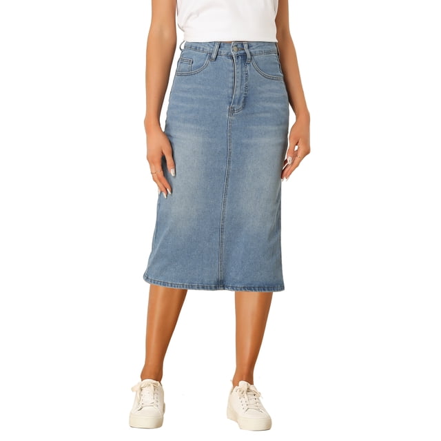Faldas de mezclilla de mujer de cintura alta con cremallera y abertura trasera midi para el Día de la Madre, con bolsillos, azul claro M