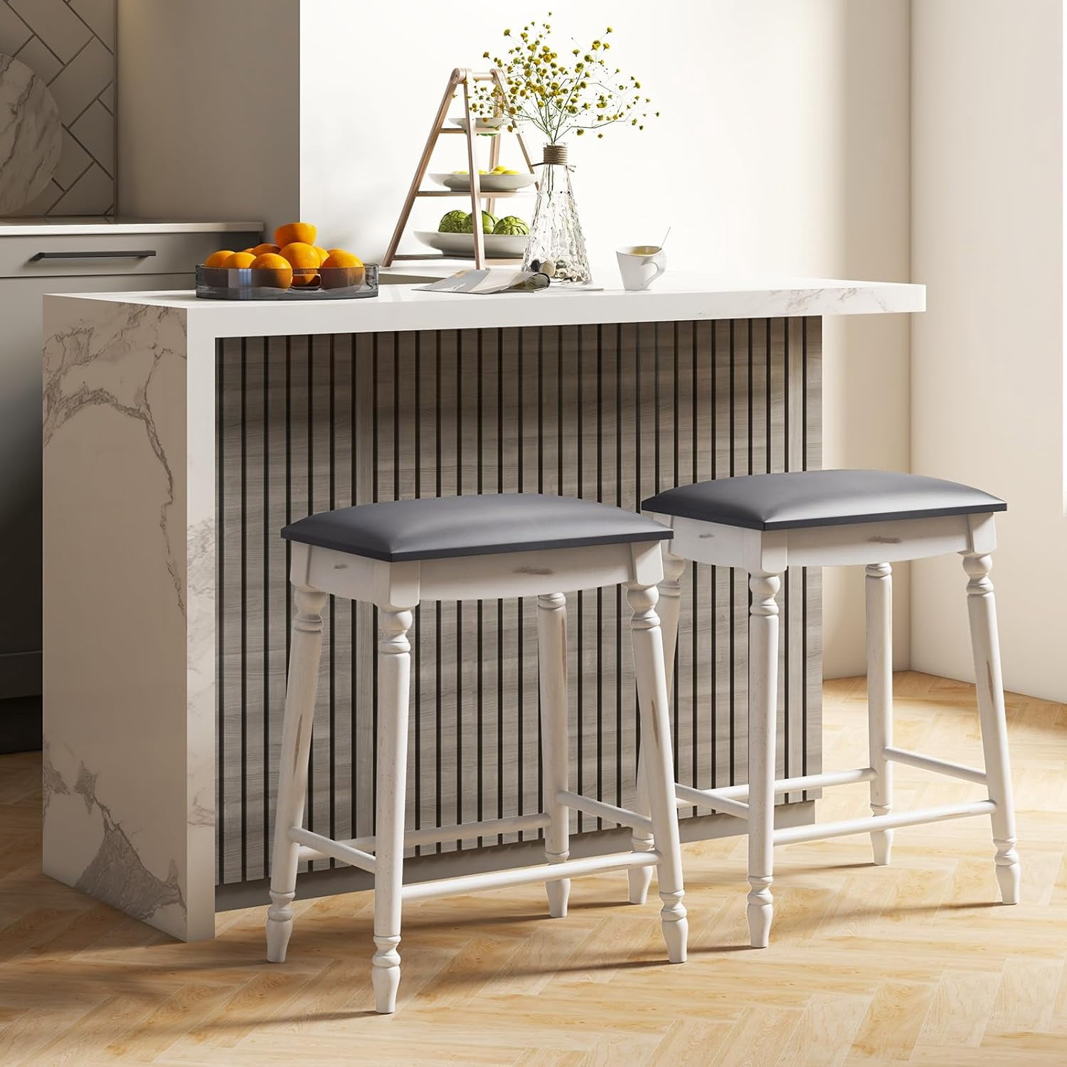 2 Pcs 24'' Counter Height Bar Stool, Rubber Wood Legs, Padded Seat Upholstered Cushions