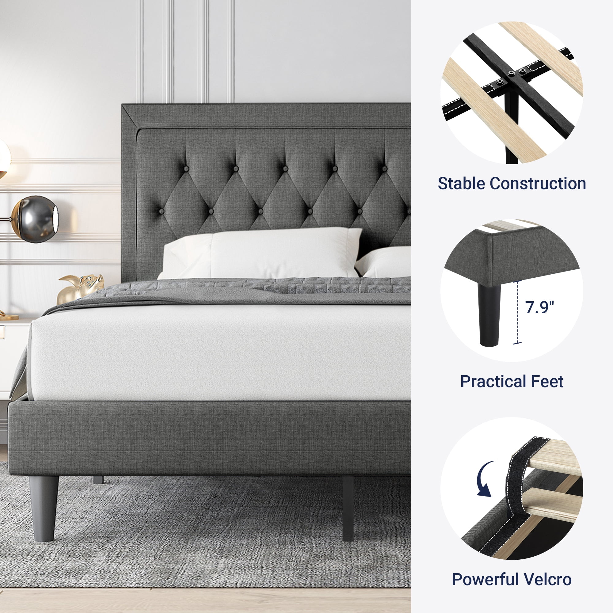 Allewie King Size Fabric Upholstered Bed Frame with Diamond Button Tufted/Adjustable Headboard/Wood Slat Support/Mattress Foundation/Dark Grey
