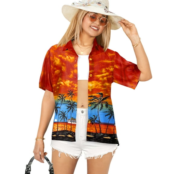 HAPPY BAY Women's Casual Beach Short Sleeve Blouse Shirt Blouses Button Down Dress Tops Tee Hawaiian Shirts for Women S Landscape, Orange