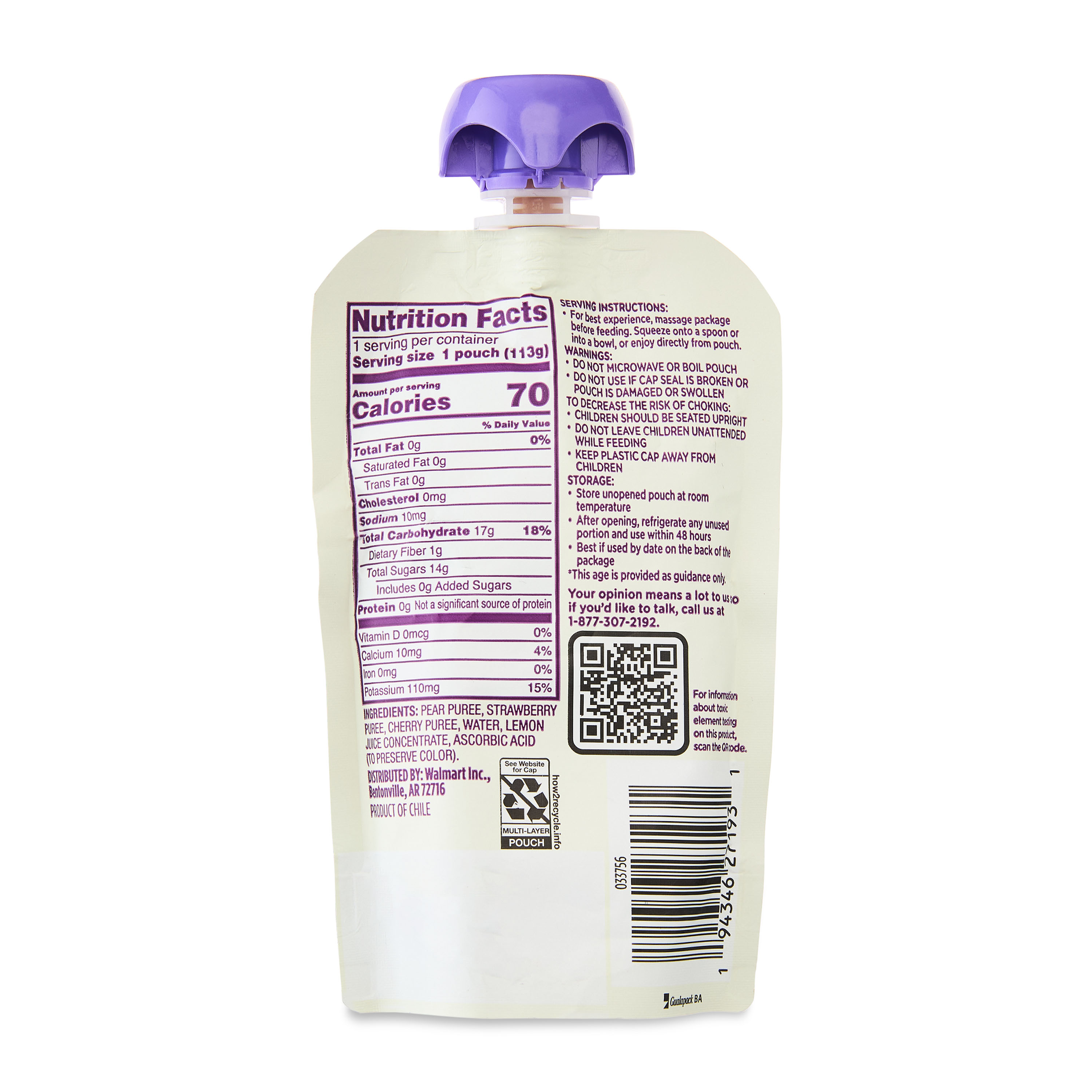 (Paquete de 3) Puré de frutas de pera, fresa y cereza Parent's Choice Etapa 2, Bolsa de 4 oz 7