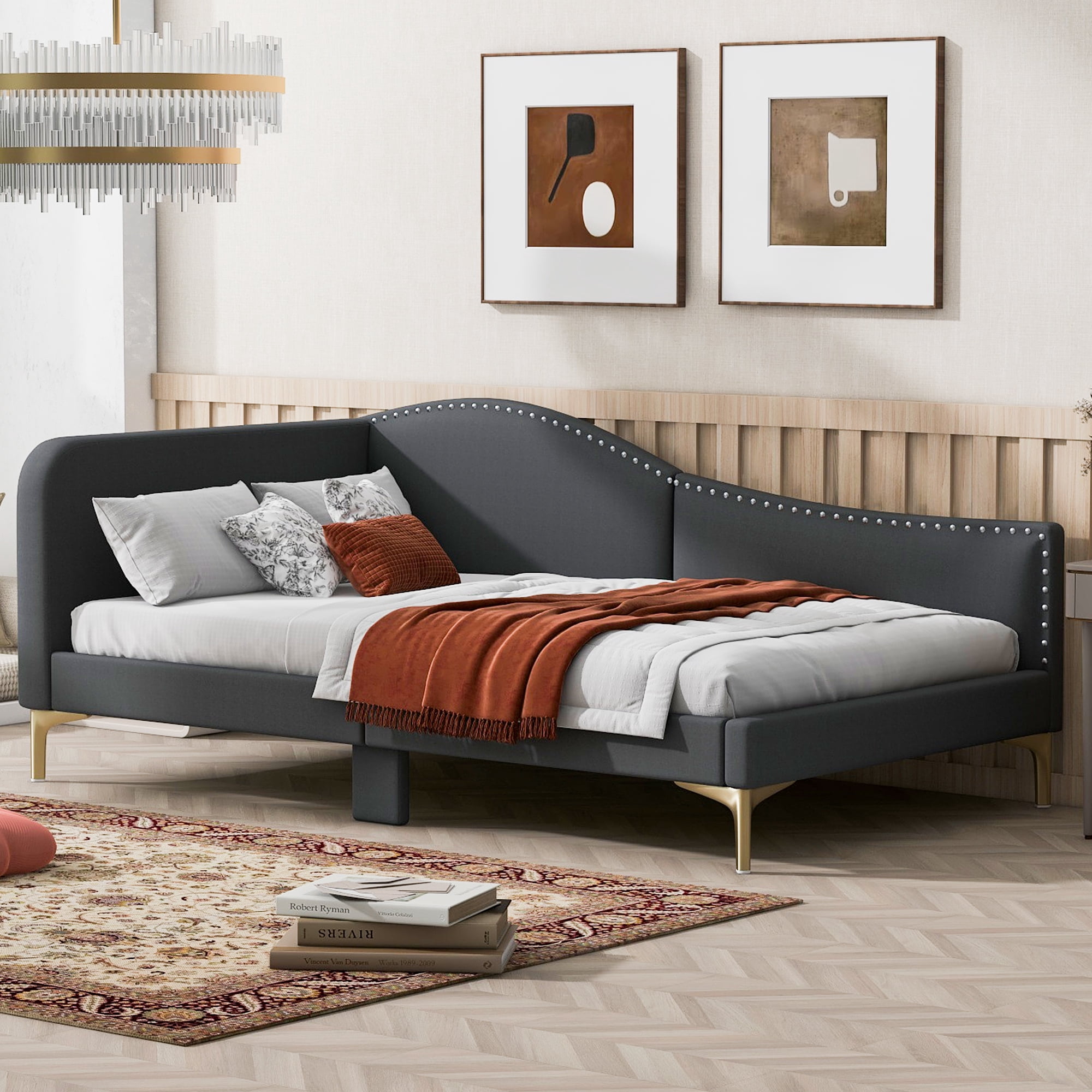 Twin Size Upholstered Daybed for Kids and Adults, Twin Daybed with Headboard and Armrest, Support Legs,Gray