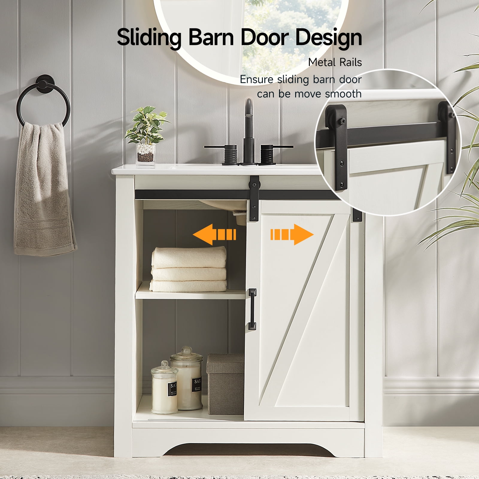 30 Inch Bathroom Vanity with Sink Combo, Farmhouse Bathroom Vanities with Sliding Barn Door & Metal Handle, Freestanding Single Sink Cabinet with Adjustable Shelve & Thicken Frame (White)