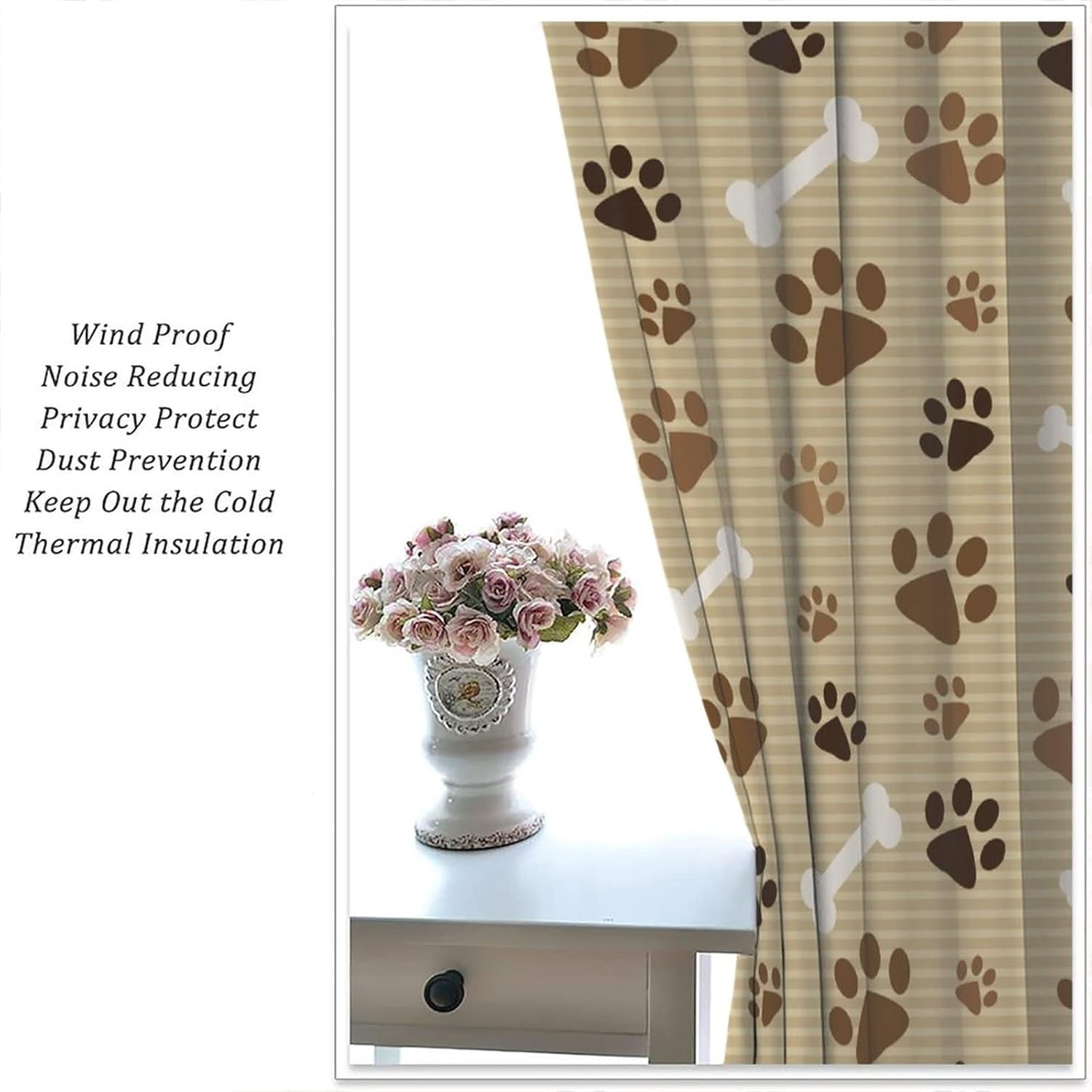 Cartoon Dog Curtains Coffee Color Dog Paw Prints Pattern Bone Rod Pocket Blackout Window Treatment for Kids Girls Bedroom Children''s Room Kitchen Home Decor Art Printed Window Drapes 42x63in
