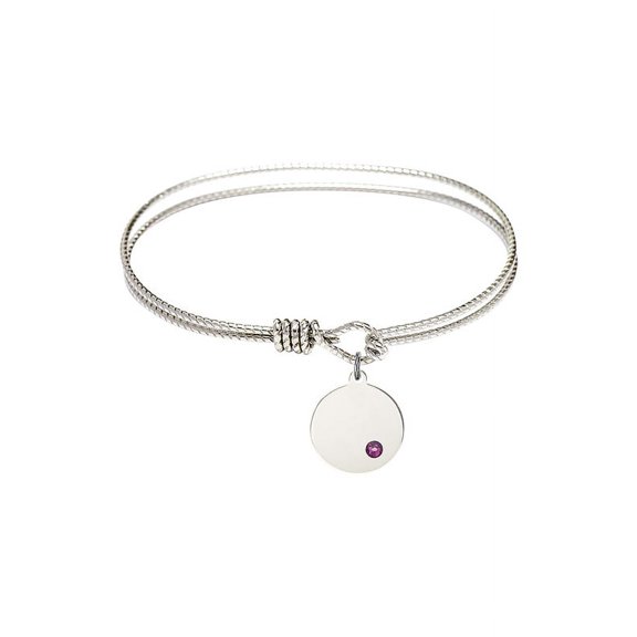 7 1/4 inch Oval Eye Hook Bangle Bracelet w/ Plain Disc medal charm w/ February Purple Swarovski Crystal