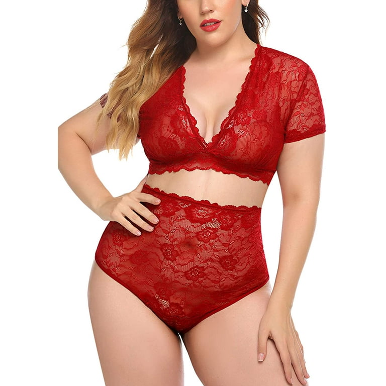 Avidlove Lingerie for Women Plus Size High Waist Panty Sexy 2 Piece Lingerie  Set Lace Underwear 