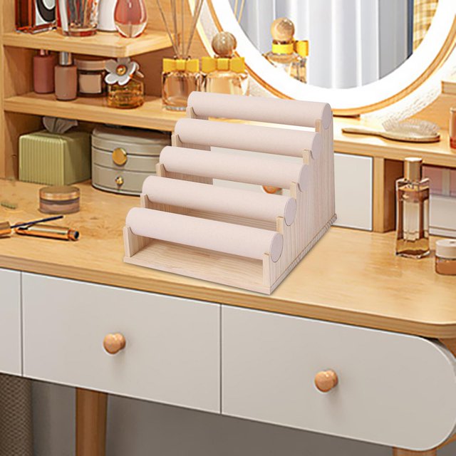 Soporte de pulsera de madera, estante de reloj de pulsera extraíble de cinco capas, organizador de almacenamiento de joyería independiente moderno para Scrunchie Bangle Home Store Gift Beige Yinane Estante de almacenamiento de joyas