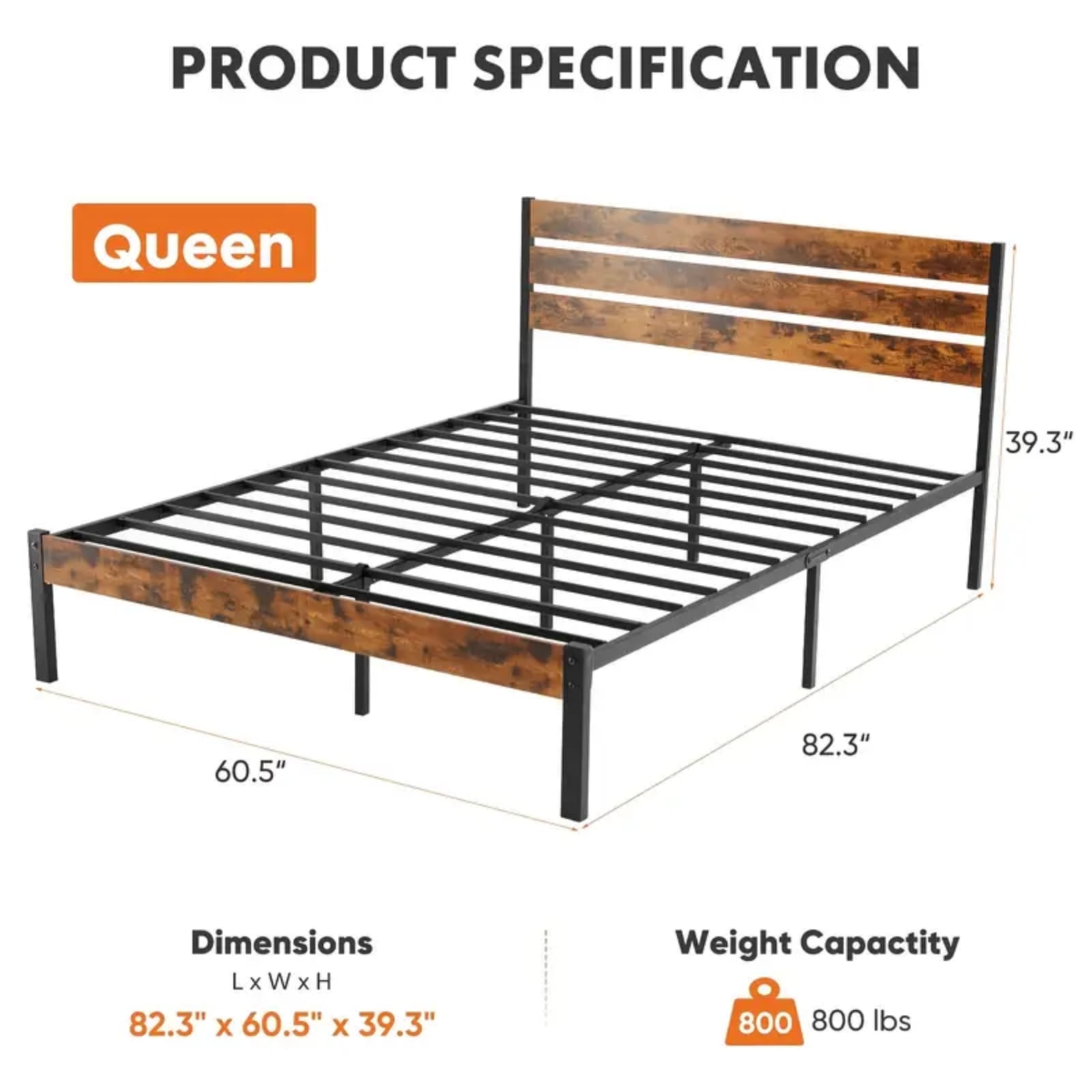 Gianna Queen Size Metal Platform Bed Frame with Headboard and and Footboard, No Box Spring Needed