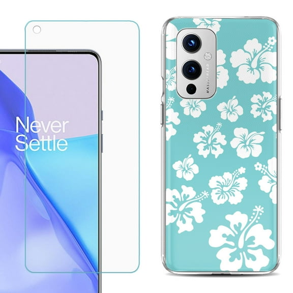 Slim-Fit TPU Phone Case Compatible with OnePlus 9 5G, with Tempered Glass Screen Protector, by OneToughShield ® - Hibiscus Teal