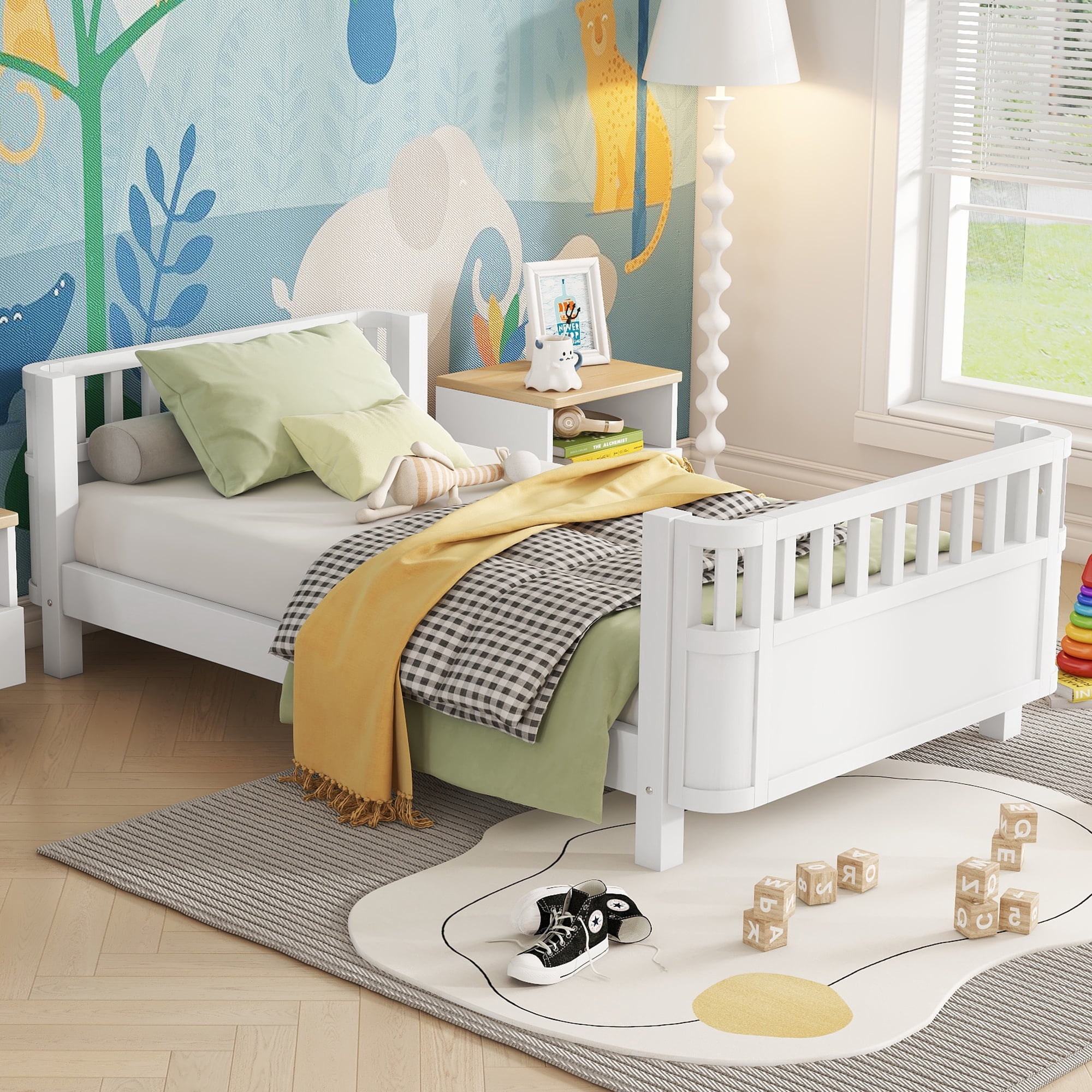 PORKISS Twin Size Bed with Fence for Kids, Solid Wood Twin Platform Bed Frame with Slats and Safety Guardrails for Girls Boys, Removable Guardrail, No Box Spring Needed, White #2