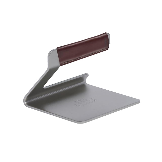 Prensa para parrilla de acero inoxidable con mango de cuero 13 x 14 cm