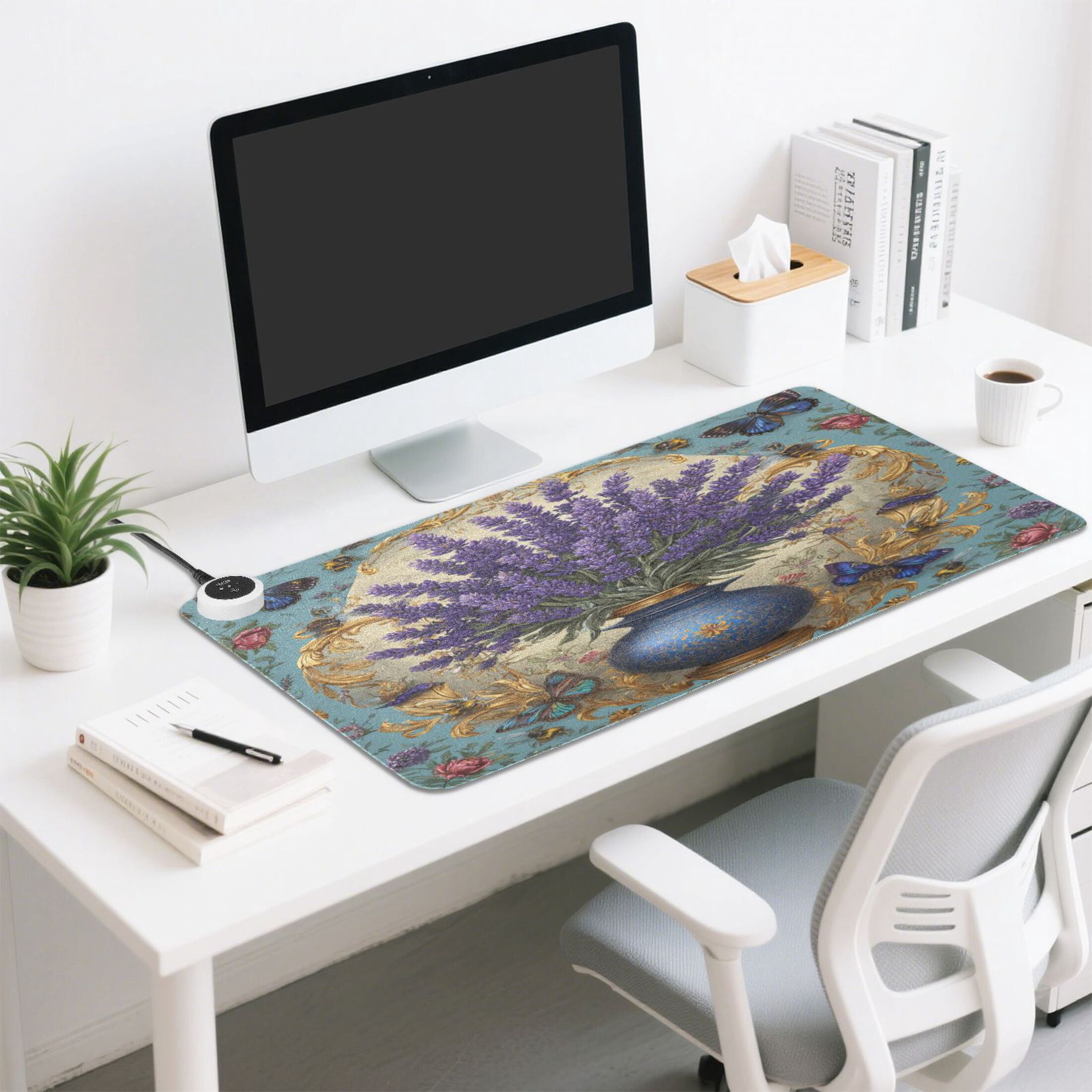 Large Heated Desk Mat Mouse Pad 31.5"x13"PU Leather Graphene Heating Desk Warmer with 3 Temperature Settings 110V US Plug Non-Slip Warm Pad for Home, Office, and Gaming Vibrant Lavender in A Vase