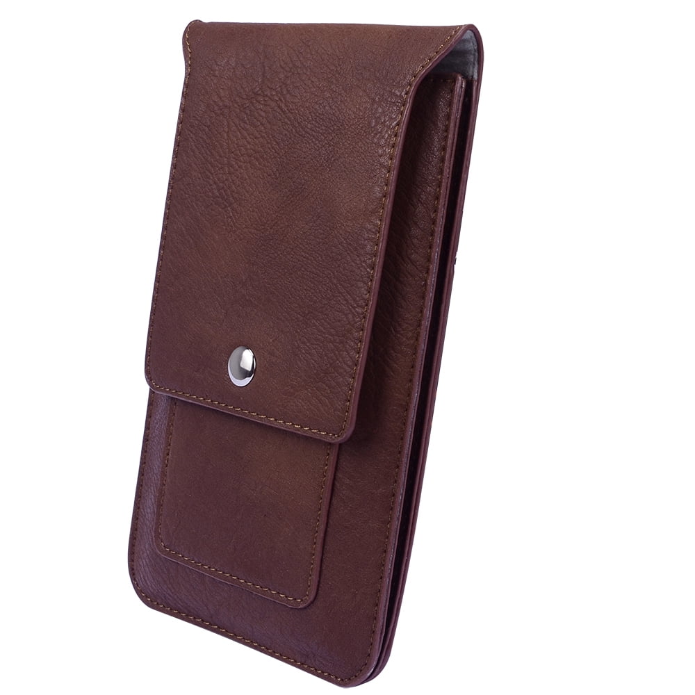 BUNDLE: Professional Vegan Leather Vertical Smartphone Holster Wallet (Brown) & Selfie Stick Mini Tripod 2.0 (Silver) - Belt Loop, Removable Carabiner, Card Slots - fits Smartphones up to 6.5-inch