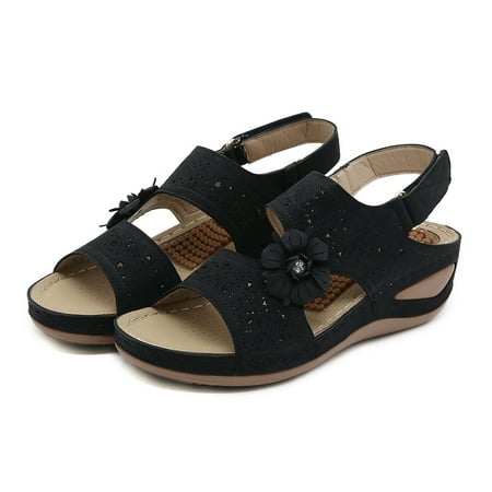 

Cathalem Fashion Women Flowers Casual Open Toe Wedges Massage Soft Bottom Breathable Hook Loop Womens Walking Sandals Size 8 Wide Black 9