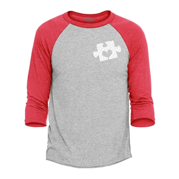 Shop4Ever Men's Small Heart Puzzle Piece Autism Awareness Raglan Baseball Shirt Medium Heather Grey/Red