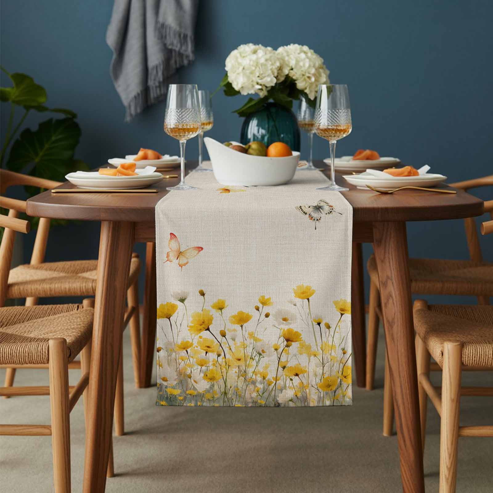 Home Sweet Home Cotton Linen Table Runner Watercolor Spring White Yellow Floral Butterfly Linen Texture Dining Table Runners for Home Decor Party Dining Room Restaurant Kitchen 13" x 108"