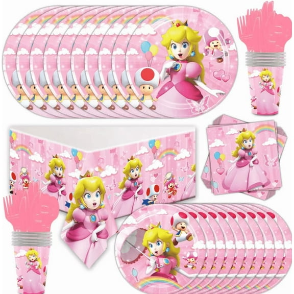 81 Pcs Princess Peach Party Tableware, Princess Peach Birthday Party Supplies, Paper Plates, Napkins, Cups, Knives, Spoons and Forks