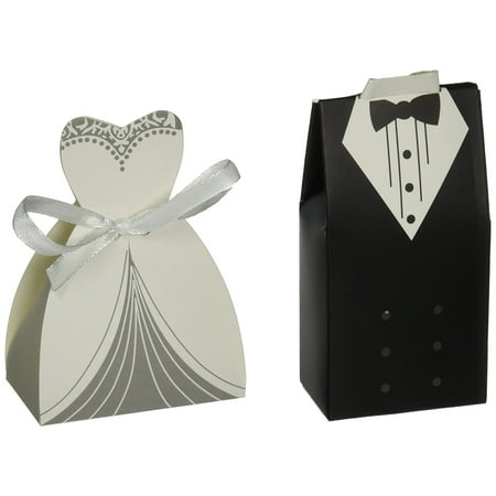 OliaDesign? 100 Pairs of Wedding Party Favor Boxes Creative Tuxedo Dress Groom Bridal Candy Gift Box with Ribbon 100