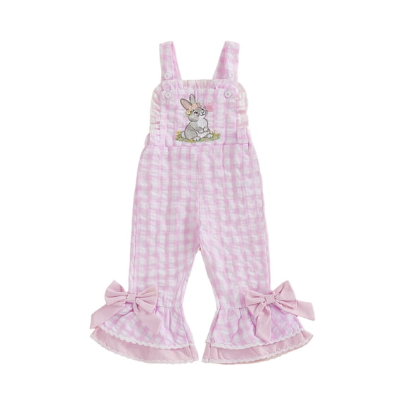 Toddler Baby Girl Easter Outfit One Piece Easter Overalls Bunny Embroidery Romper Flare Pants Sleeveless Plaid Bow Bell Bottom Jumpsuit