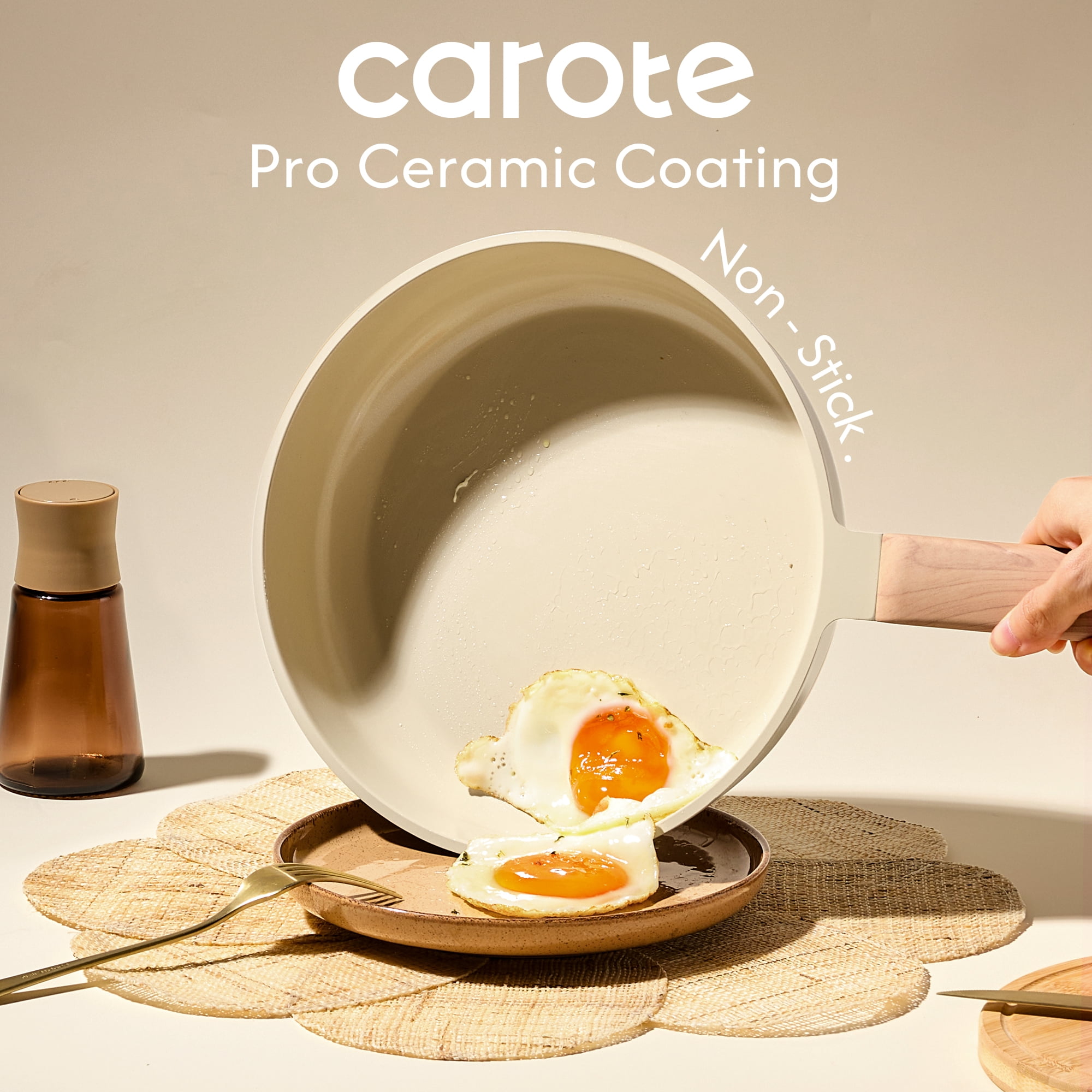 Carote 9.5" Ceramic Nonstick Frying Pan, Cooking Skillet with Bakelite Handle, Induction Compatible, Easy to Clean, Oatmeal