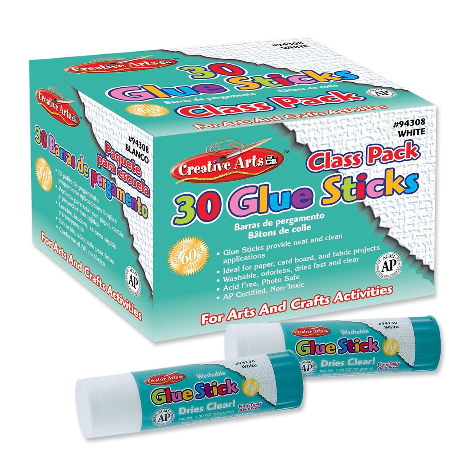 Charles Leonard Creative Arts Economy Glue Stick Classpack, .28 oz., Clear, 30 Per Pack, 2 Packs