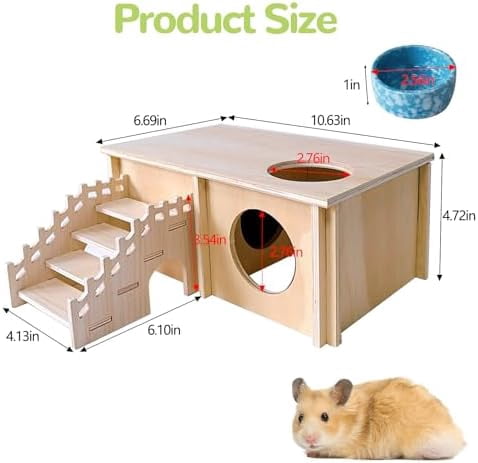 Wooden Hamster Hideout,Hamster House with Ceramic Bowl & Ladder,Small Pets Multi-Chamber Explore Hide Hut Habitats Decor Accessories for Rat,Gerbils, Dwarf Hamsters, Mice