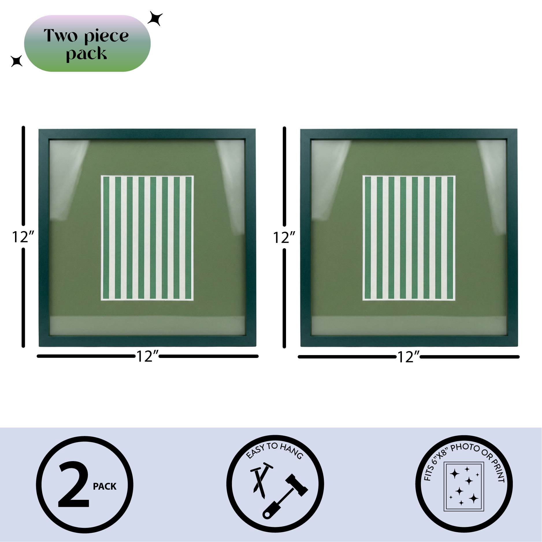 Urban Shop 12 x 12 Green Wood Picture Frames, 2-Pack, Displays 6 x 8 Photo with Mat