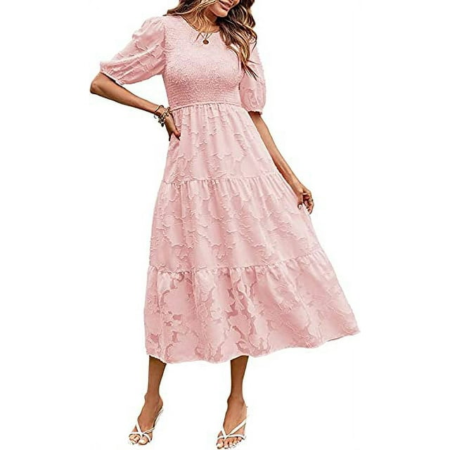 Robe d'Été 2023 pour Femmes à Manches Bouffantes, Smockée, à Fleurs, Col Ras du Cou, en Dentelle, Midi, Robes Décontractées pour Femmes