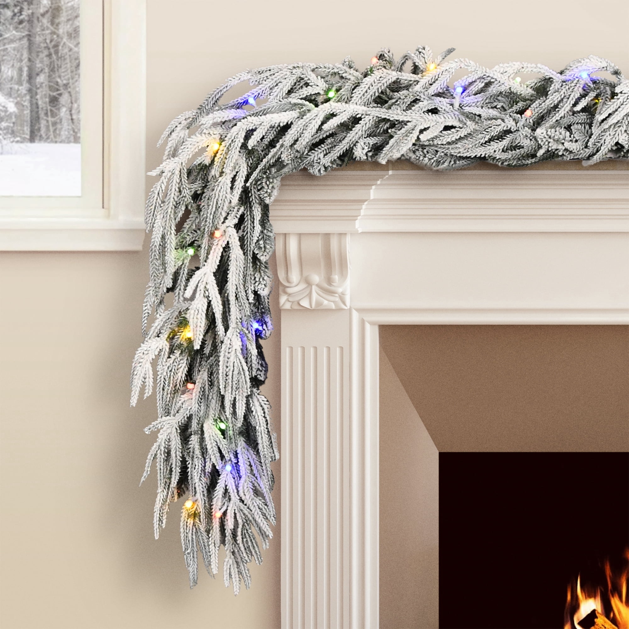 Snow-Flocked Hamilton Pre-Lit Color-Changing LED Artificial Christmas Garland, Green, 9', by Holiday Time