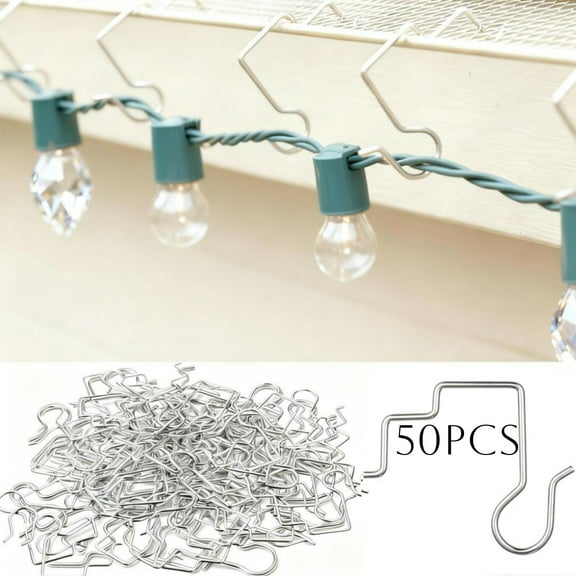 50Pcs Christmas Light Hooks for Gutter Guards with Perforated or Mesh, Outdoor Windproof Anti-Slip Metal Hooks, Stainless Steel Hanger Clips for Hanging Outside Christmas Lights Strings (Silver)