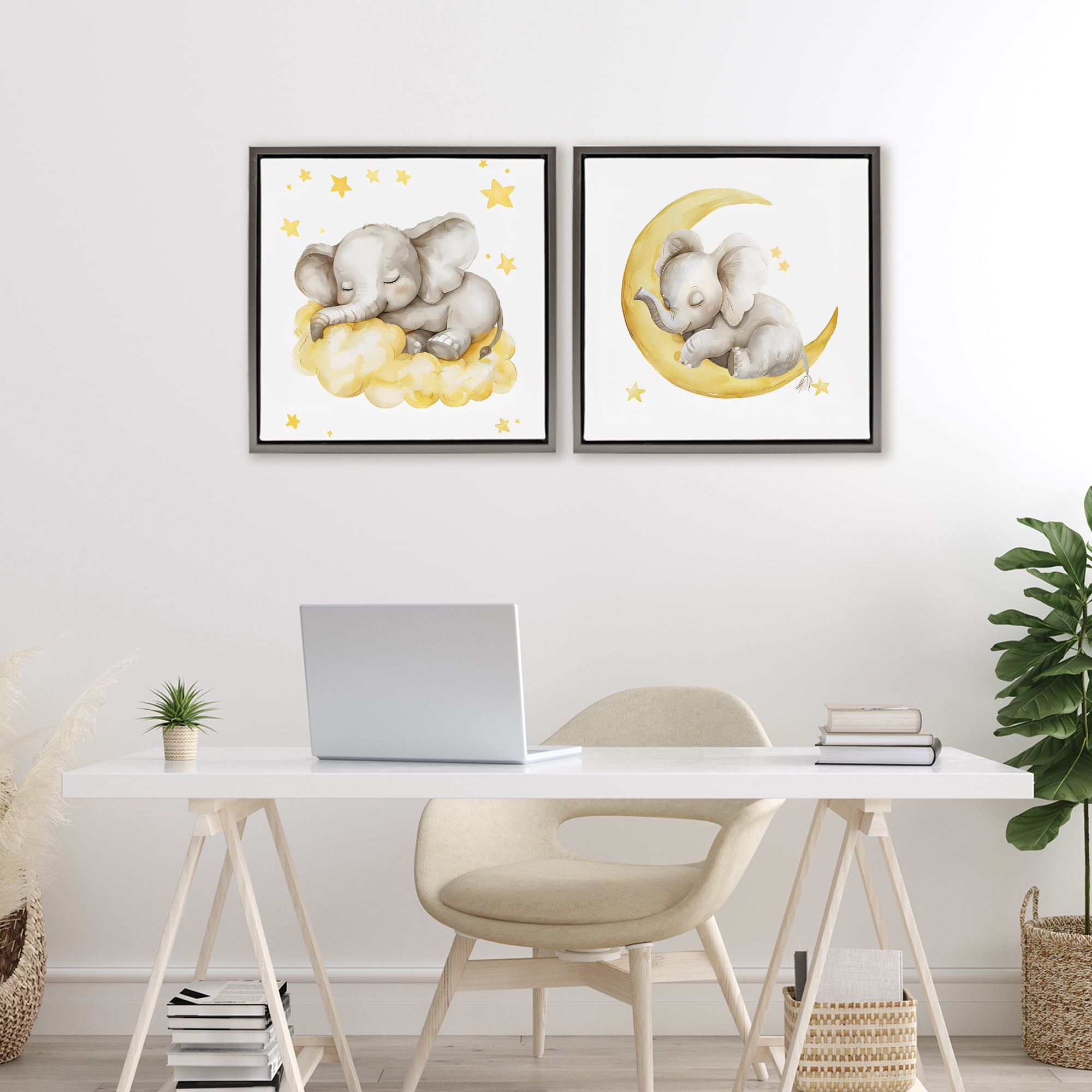 Stupell Industries Sleeping Elephant Moon and Clouds 2 Piece Gray Framed Floater Canvas Set, design by LSR Design Studio