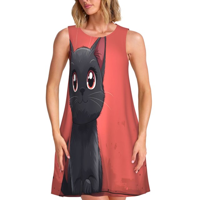 Disketp Cute Black Kitten Cartoon para Vestido sin Mangas para Mujeres, Vestidos de Verano para Mujeres, Casual y Holgado para la Playa