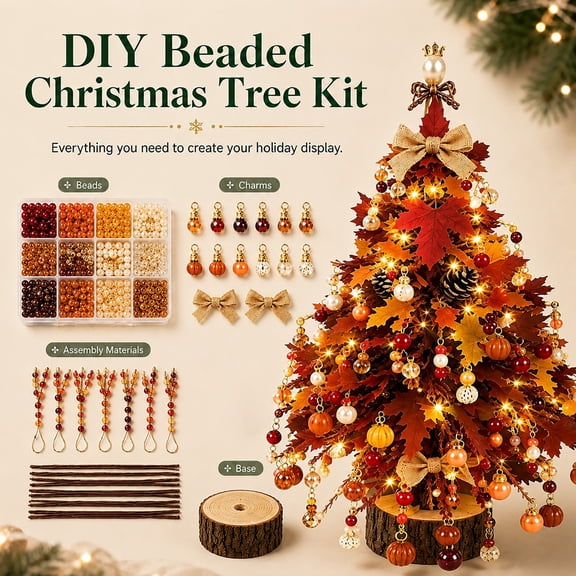 Diy Beaded Christmas Tree Kit, Crystal Holiday Craft Set for Adults, Colorful Beads, Ornament Charms, Metal Frame, Angel Topper, Warm Glow Display, Tabletop Decor, Relaxing Project, Holiday Gift