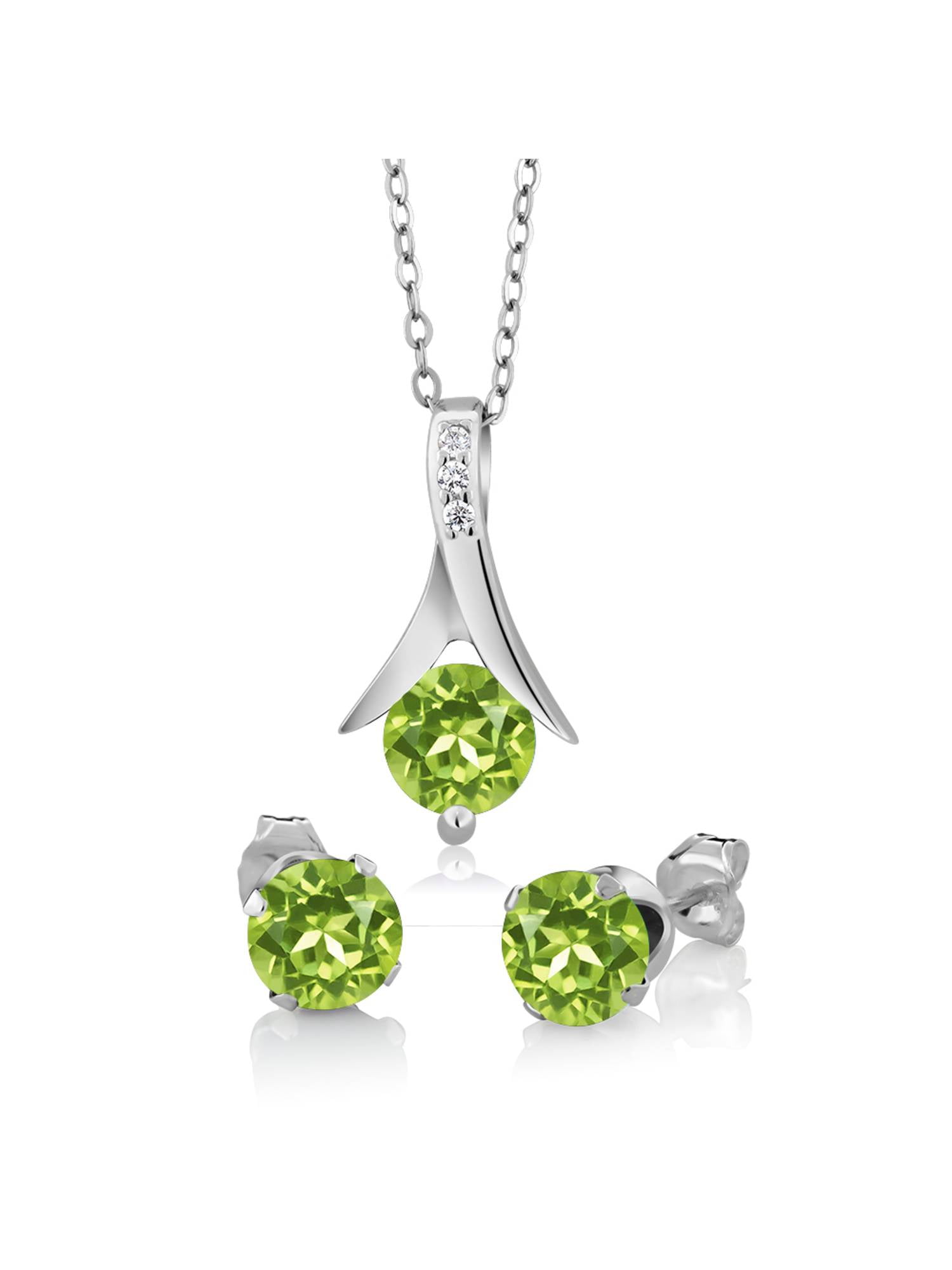 Gem Stone King 925 Sterling Silver Green Peridot Pendant and Earrings Set  3.00 Ct Round Gemstone Birthstone For Women with 18 inch Chain