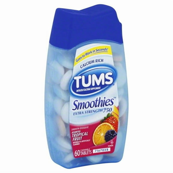 Tums Smoothies Tropical Fruit Antacid & Calcium Supplement, 60 Count