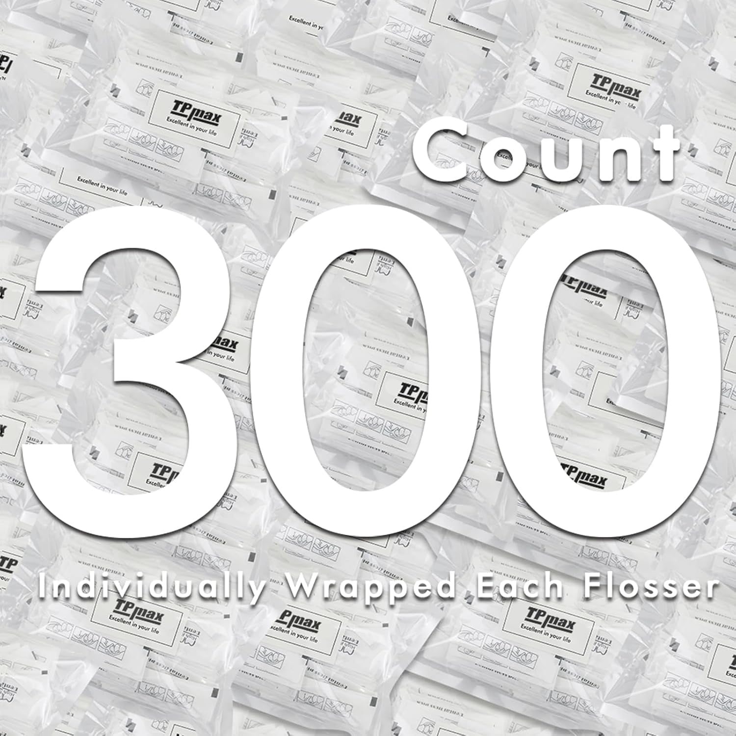 300 pieces of dental floss, each piece individually packaged. The dental floss is packed in single pieces